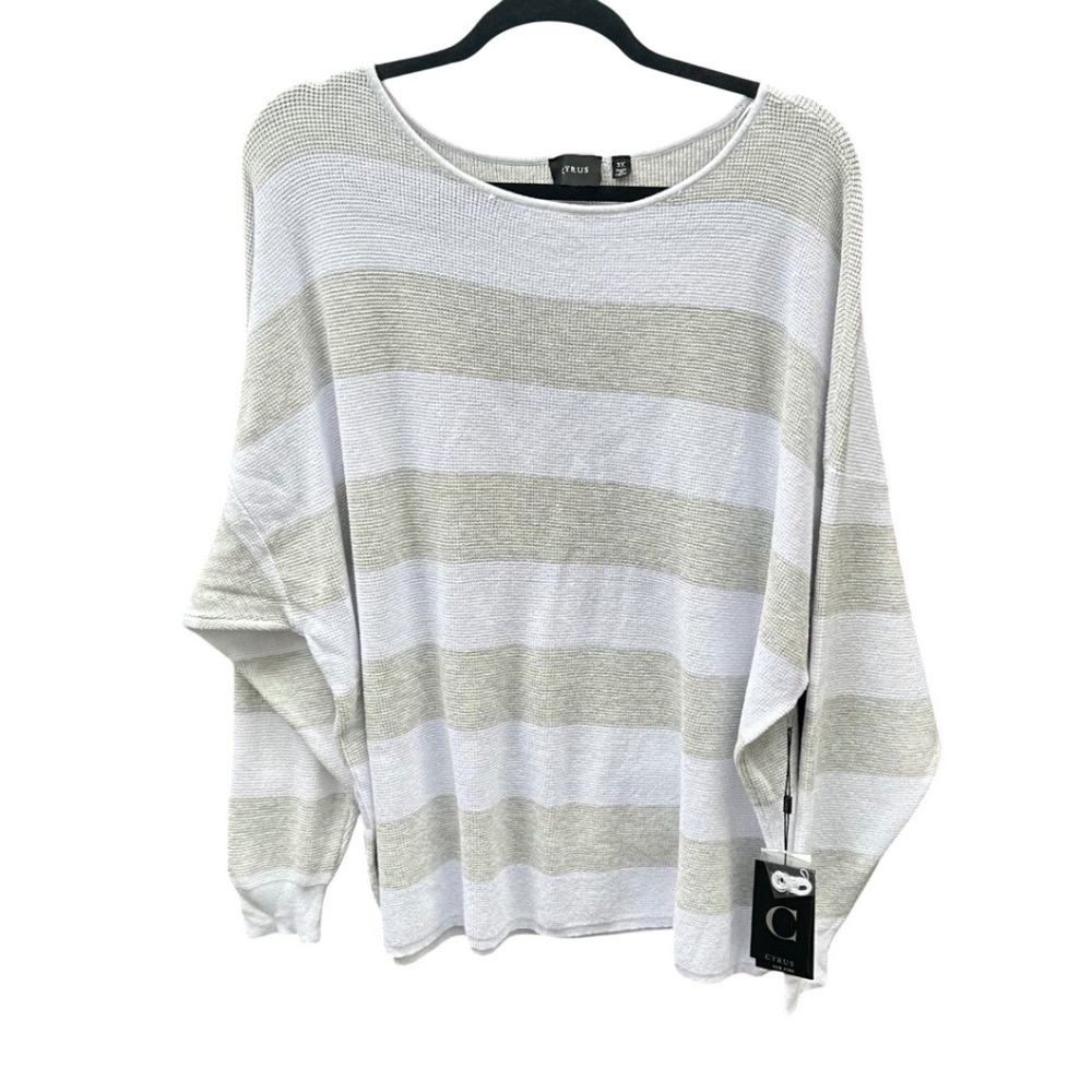 Cyrus New York Womens 3X Striped Dolman Sleeve Sweater White Grey C202218FWM NWT